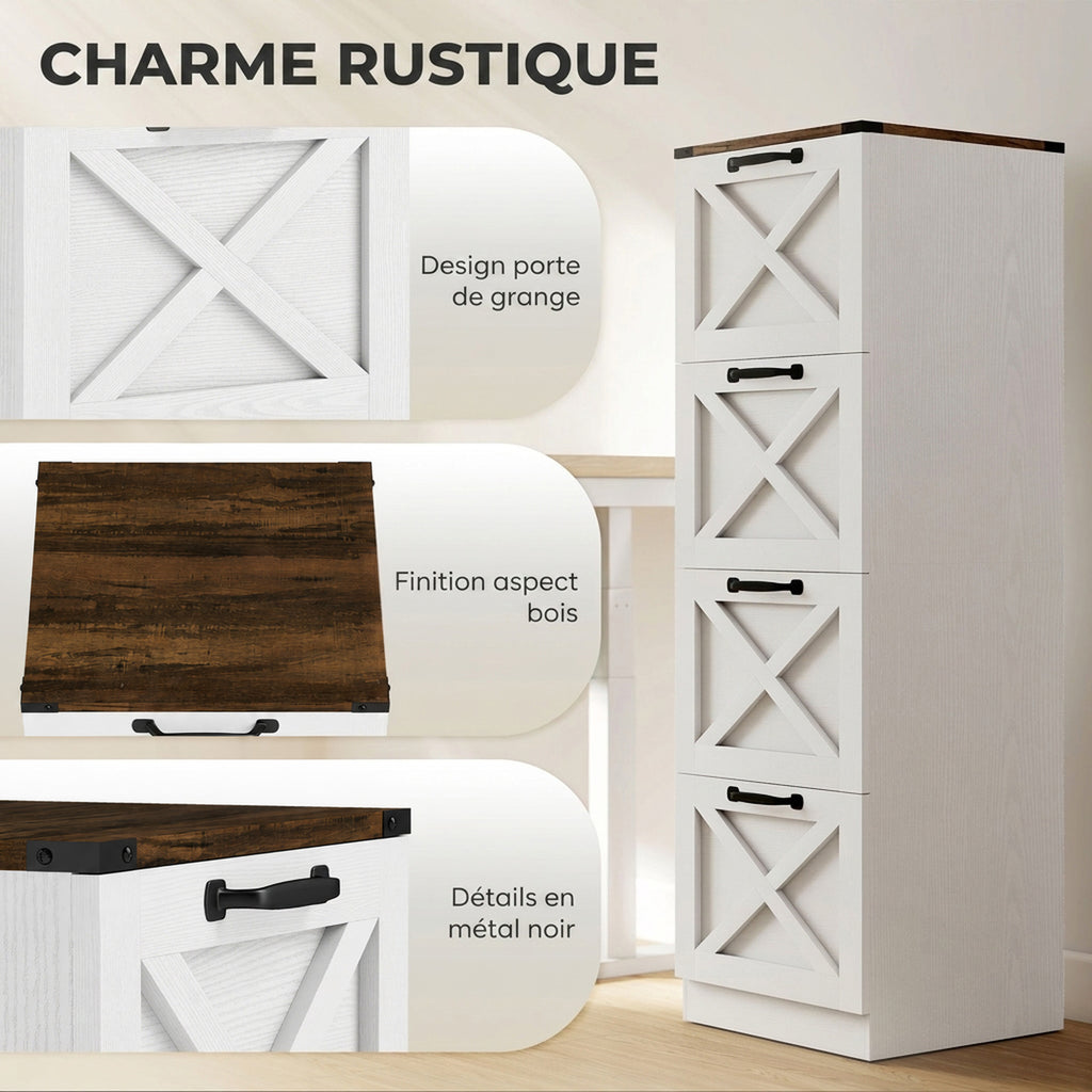Caisson de Bureau avec 4 Tiroirs, Dossiers Suspendus pour Formats Lettre/A4, Style Rustique, 40x40x131cm, Blanc-3