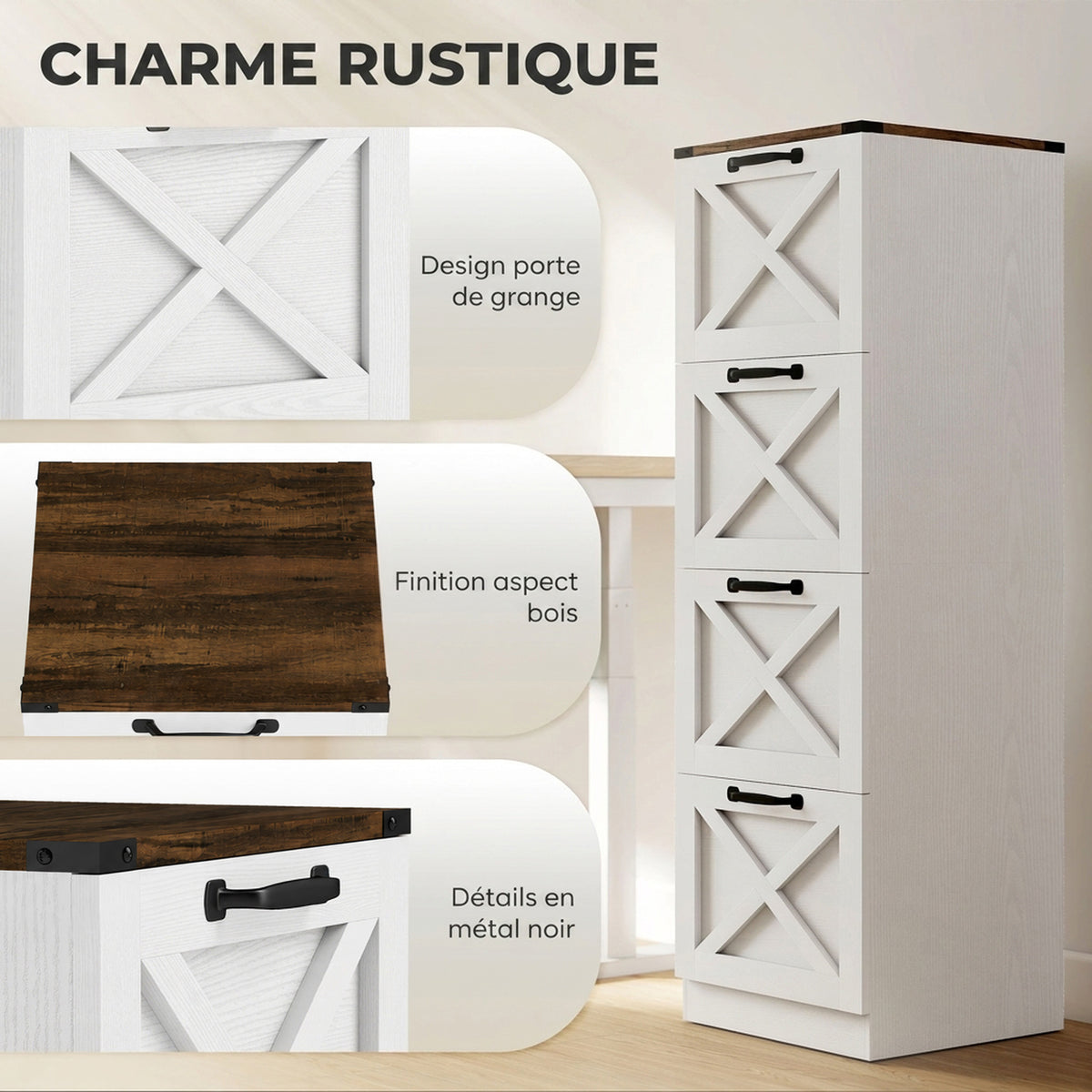Caisson de Bureau avec 4 Tiroirs, Dossiers Suspendus pour Formats Lettre/A4, Style Rustique, 40x40x131cm, Blanc-3