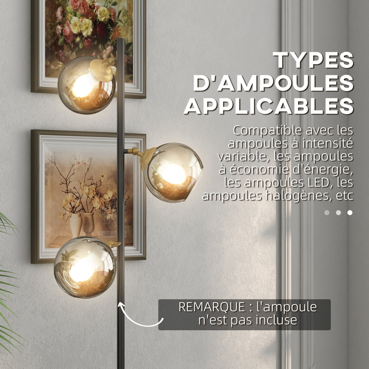Lampadaire sur pied salon en métal avec 3 abat-jours globe métal chromé 40W Ø 36 x 162H cm noir et gris-6