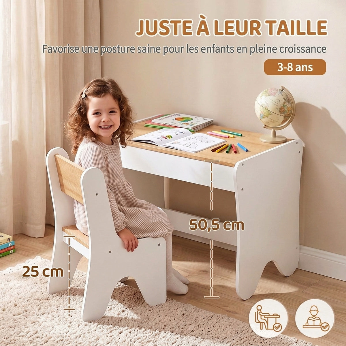 Bureau et Chaise pour Enfant 2 Pièces, Ensemble Table d'Activité avec Tiroir, 3 à 8 Ans, Blanc et Bois Naturel-4