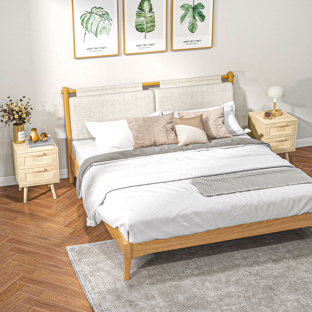 Lot de 2 tables de chevet tables d'appoint 2 tiroirs façades aspect cannage rotin style bohème 40 x 40 x 56 cm naturel-1
