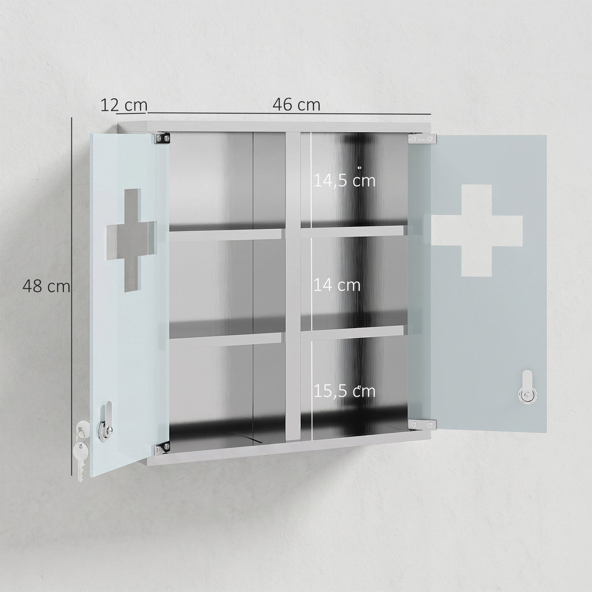 Armoire à pharmacie murale avec portes en verre verrouillables 2 clés, étagères de rangement, 46 x 12 x 48 cm, argenté-2