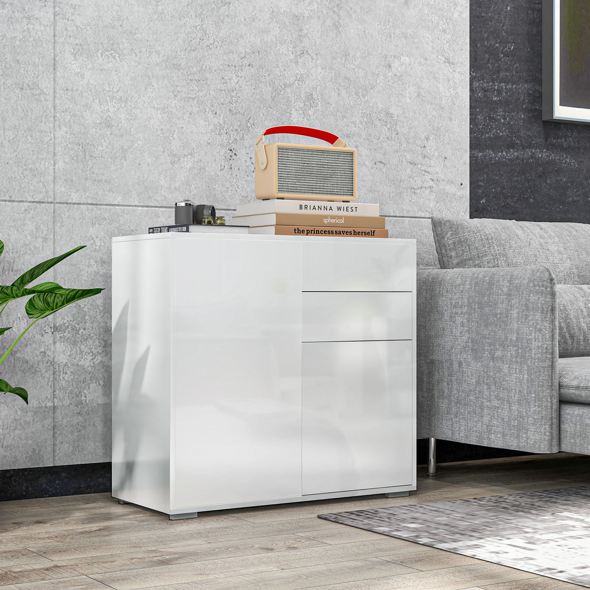 Commode Buffet Meuble de Rangement 2 tiroirs 2 Portes avec étagère 79 x 36 x 74 cm Blanc brillant-1