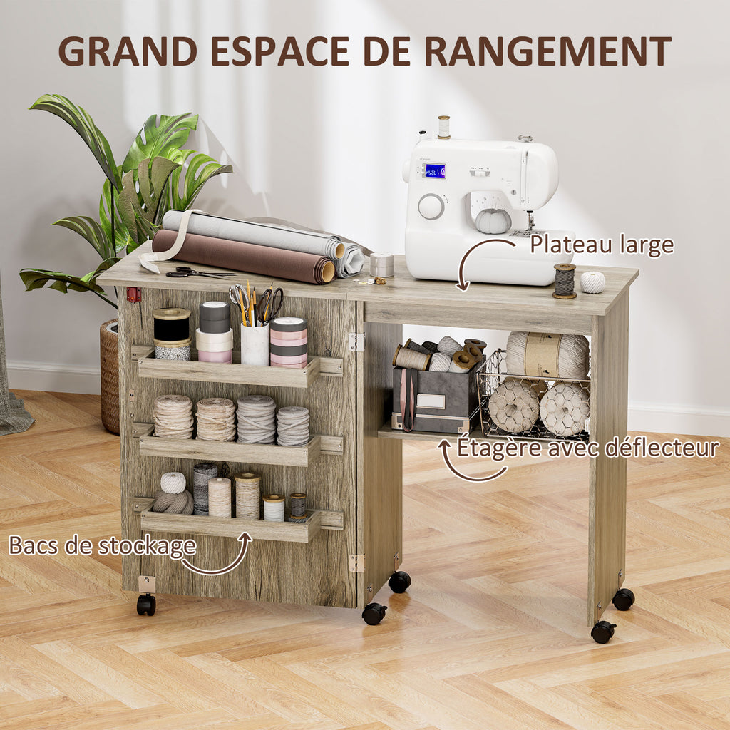 Table de couture pliante meuble couture à abattant avec bacs de rangement, étagère ouverte et roulettes effet bois grisé-4