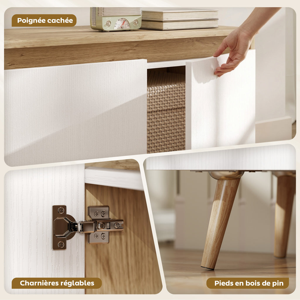 Meuble TV 120 cm, meuble télé pour téléviseur jusqu'à 55 pouces avec 3 portes, étagère réglable, chêne et blanc-6