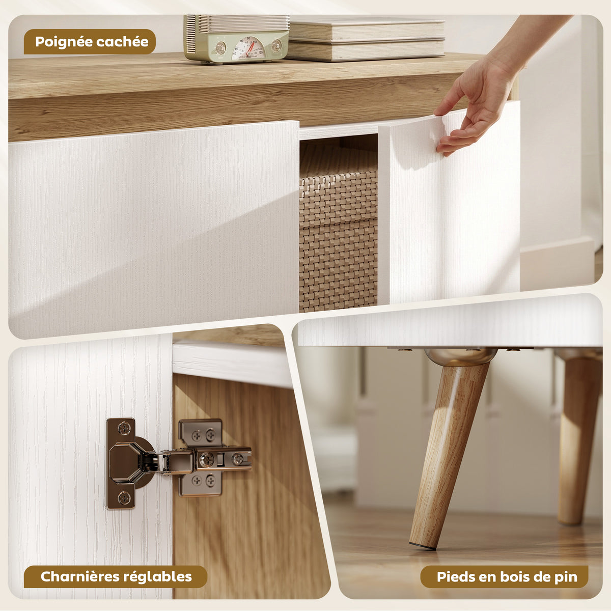 Meuble TV 120 cm, meuble télé pour téléviseur jusqu'à 55 pouces avec 3 portes, étagère réglable, chêne et blanc-6
