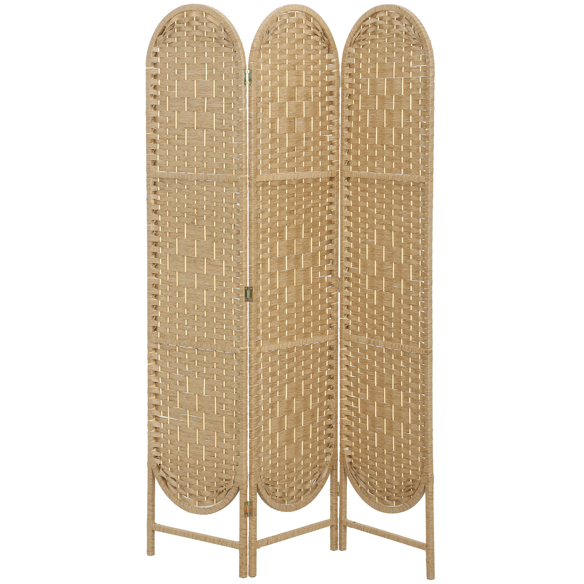 Paravent interieur ovale 3 panneaux 120 x 170 cm séparateur de pièce pliable, léger et tissé, bois naturel-0