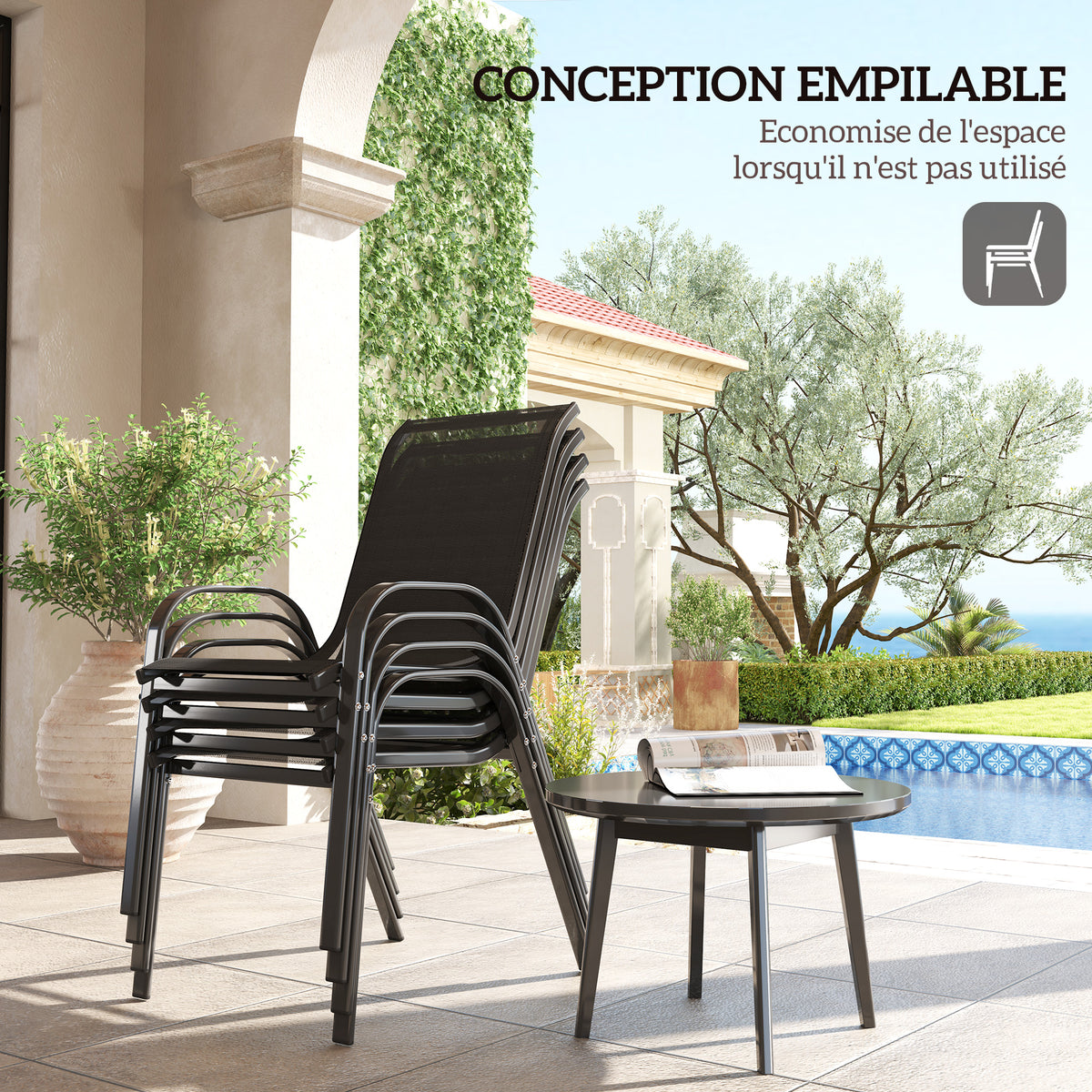 Lot de 4 chaises de jardin chaises empilables dossiers hauts tissu maille respirante cadre acier 54 x 71 x 93 cm noir-3