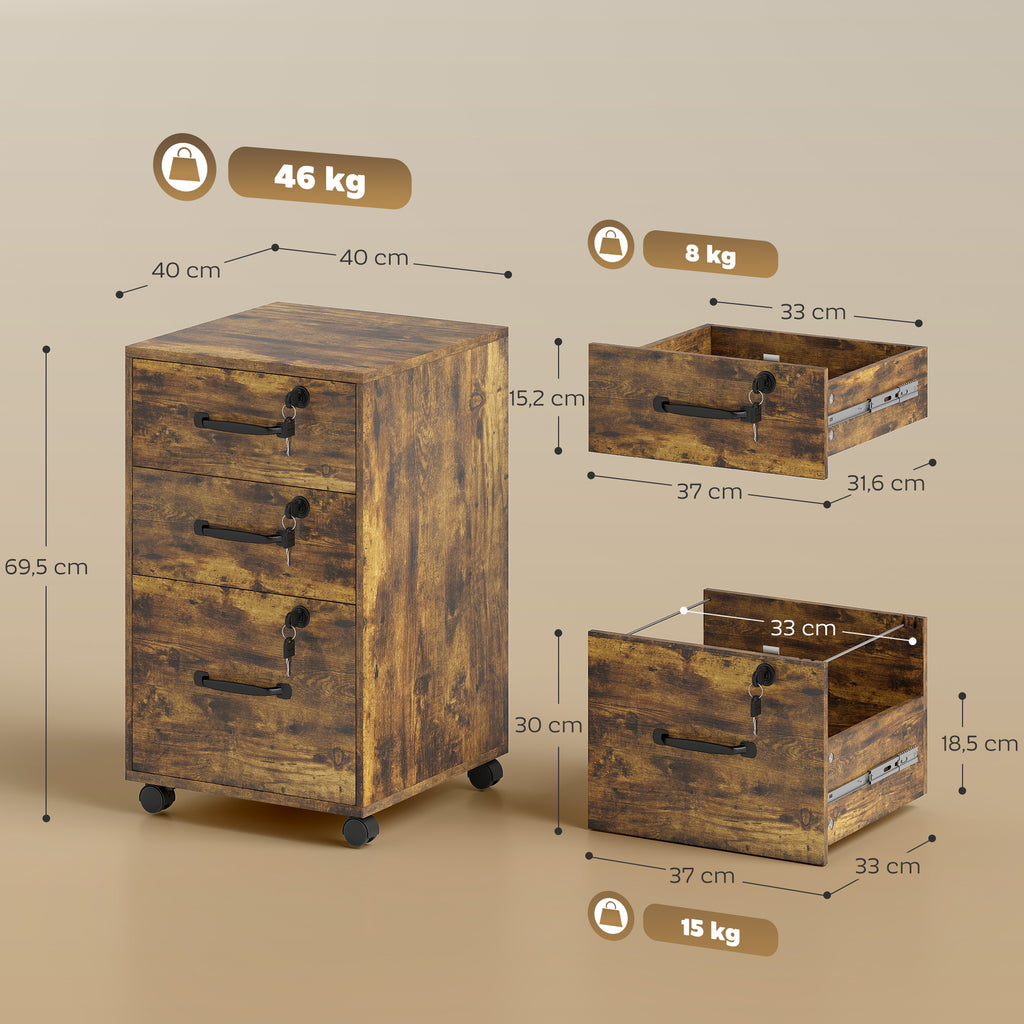 Caisson de Bureau Mobile avec 3 Tiroirs Verrouillables, Caisson de Rangement sur Roulettes, 40 x 40 x 69,5 cm, Marron-2