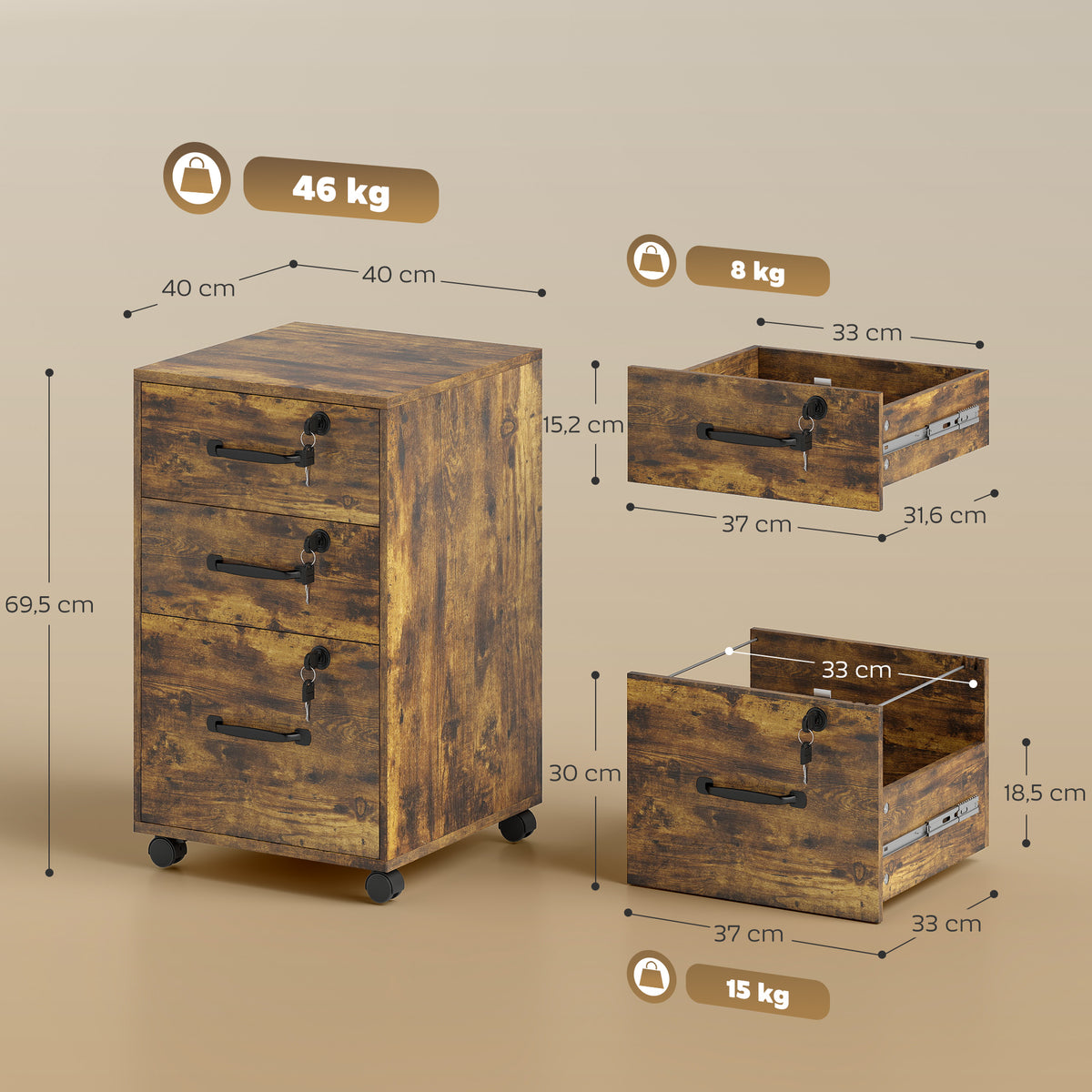Caisson de Bureau Mobile avec 3 Tiroirs Verrouillables, Caisson de Rangement sur Roulettes, 40 x 40 x 69,5 cm, Marron-2