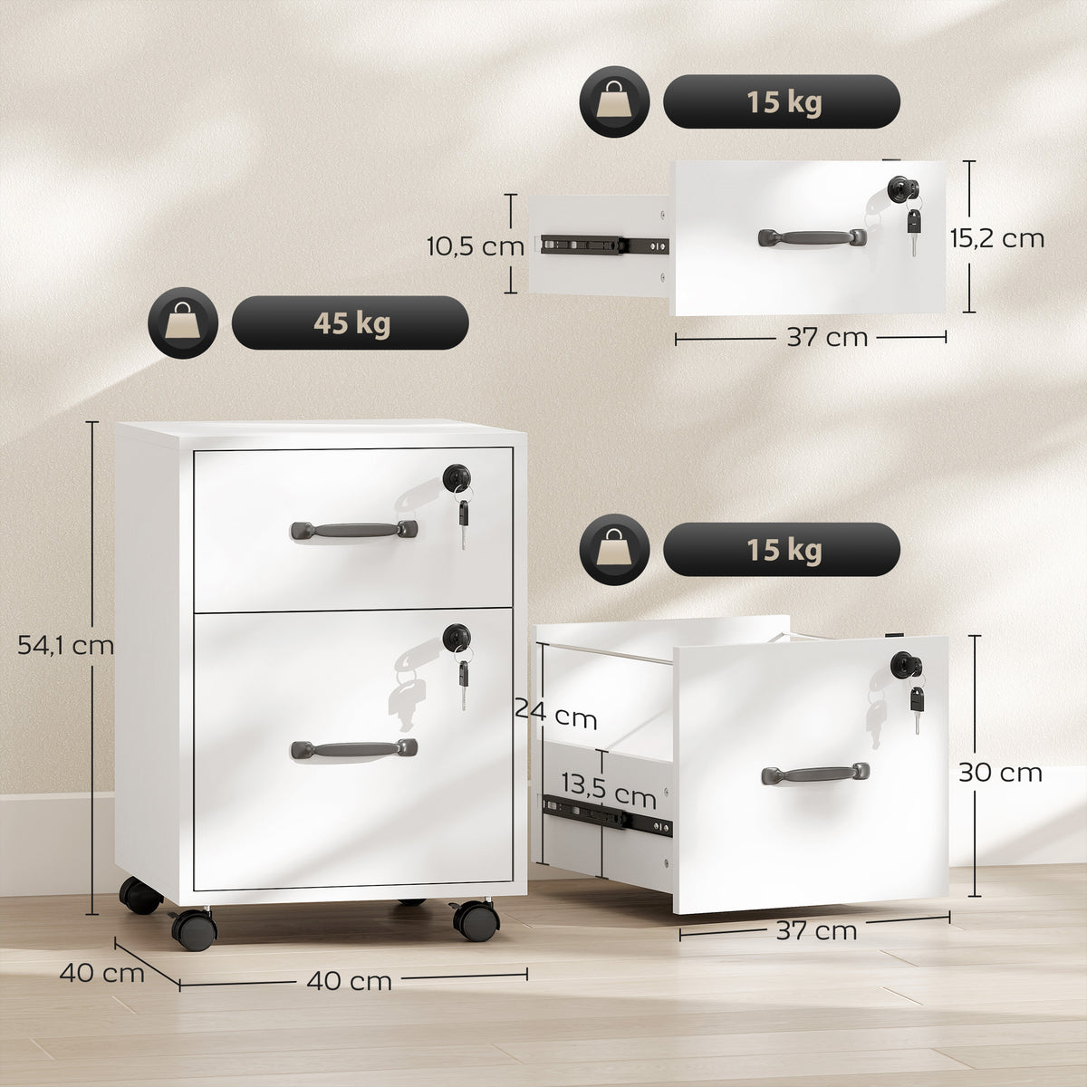 Caisson bureau mobile à 2 tiroirs, meuble rangement bureau sur roulettes pour documents suspendus format lettre, blanc-2