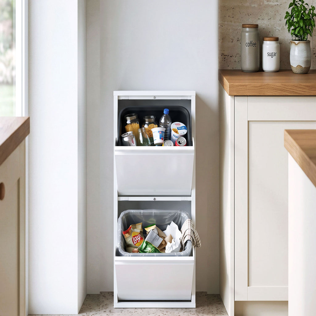 Meuble Poubelle de Tri Sélectif, Poubelle de Recyclage 30 L (2 x 15 L) avec 2 Compartiments, Fermeture Douce, Blanc-8