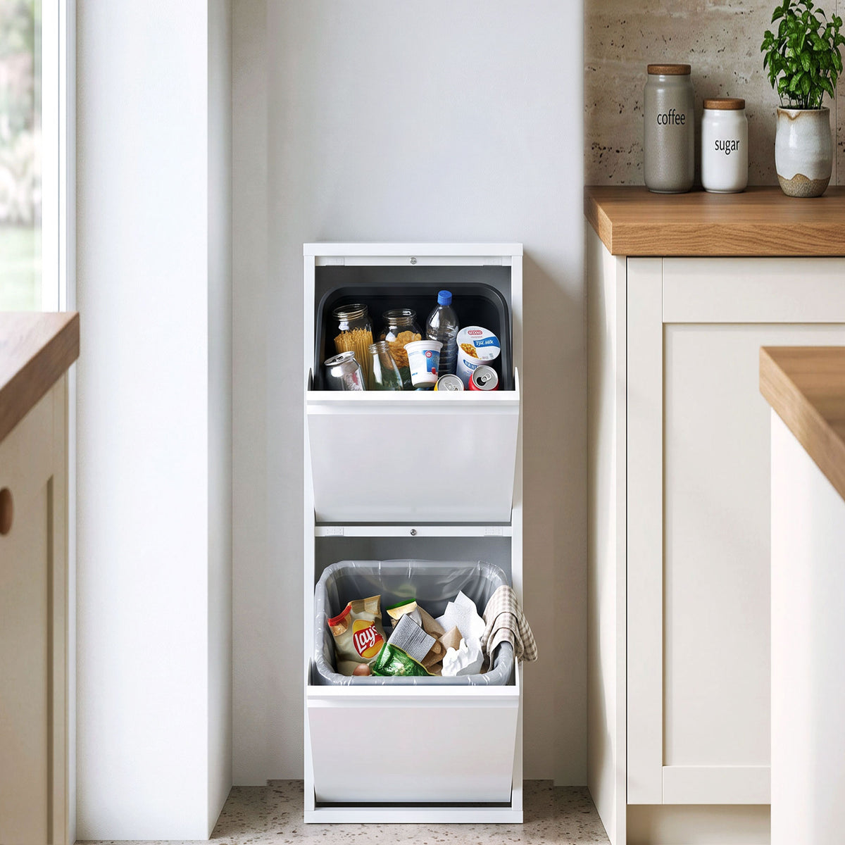 Meuble Poubelle de Tri Sélectif, Poubelle de Recyclage 30 L (2 x 15 L) avec 2 Compartiments, Fermeture Douce, Blanc-8