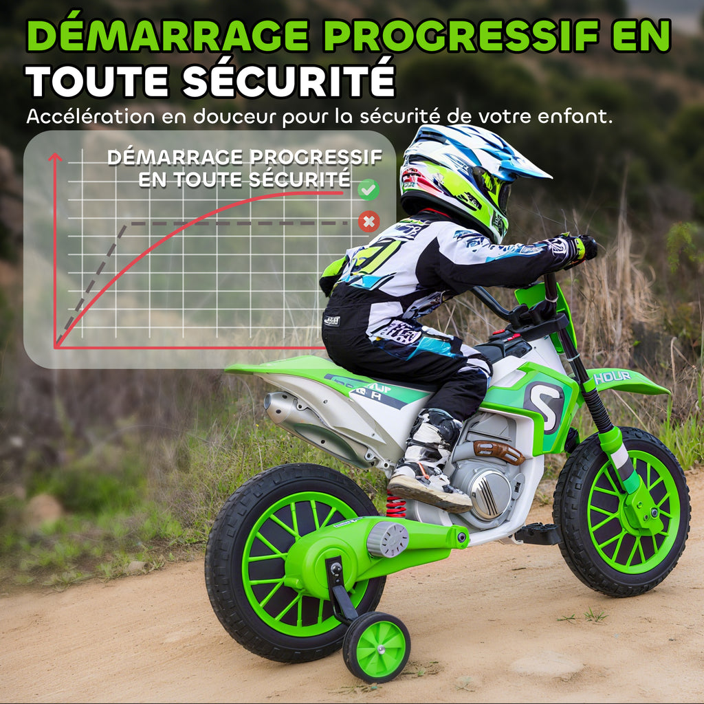 Moto Cross électrique pour Enfant 3 à 5 Ans 12 V 3-8 Km/h avec roulettes latérales Amovibles dim. 106,5L x 51,5l x 68H cm Vert-6