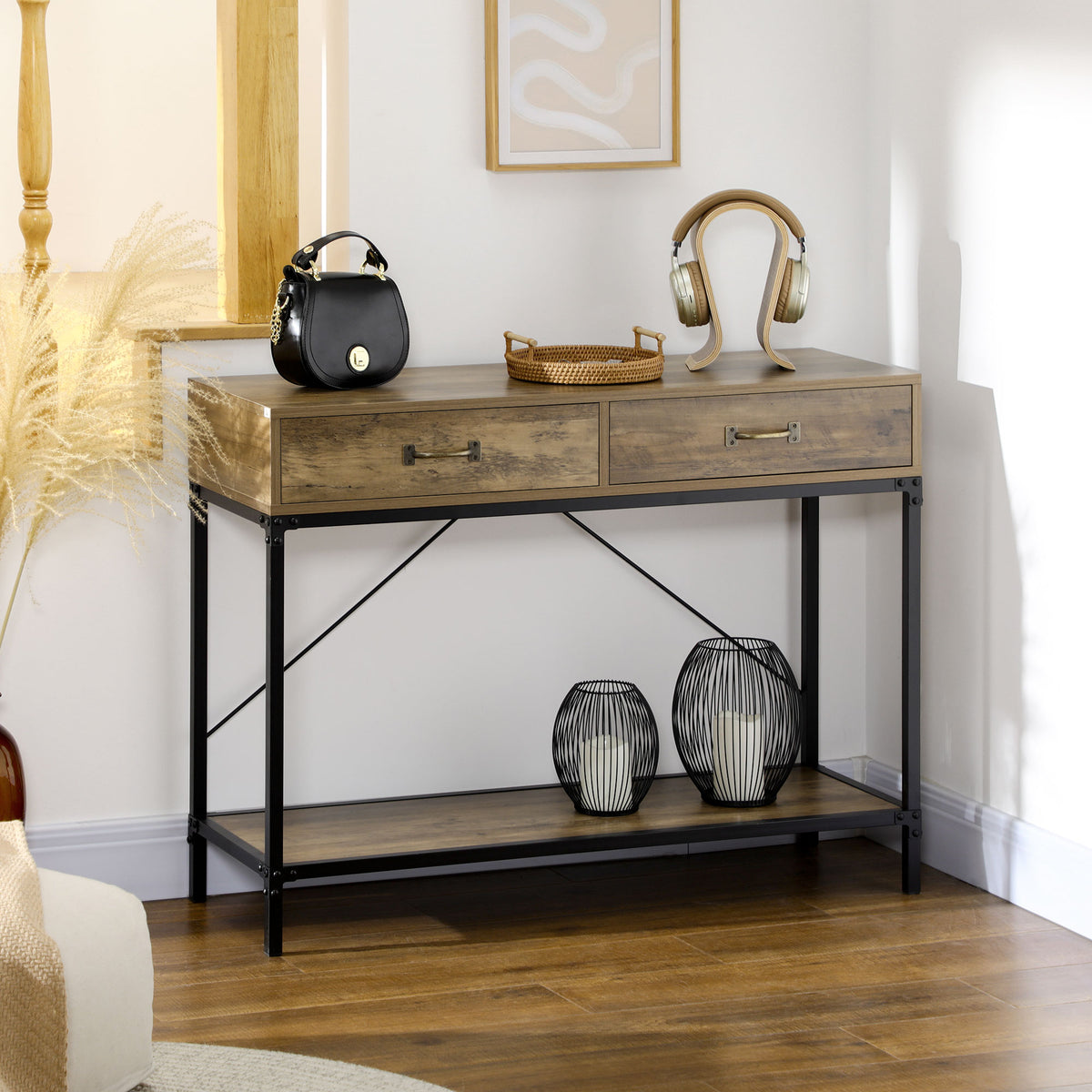 Table Console Table d'appoint d'entrée Industriel dim. 100L x 35l x 76H cm avec 2 tiroirs et 1 plateau Aspect Bois-8