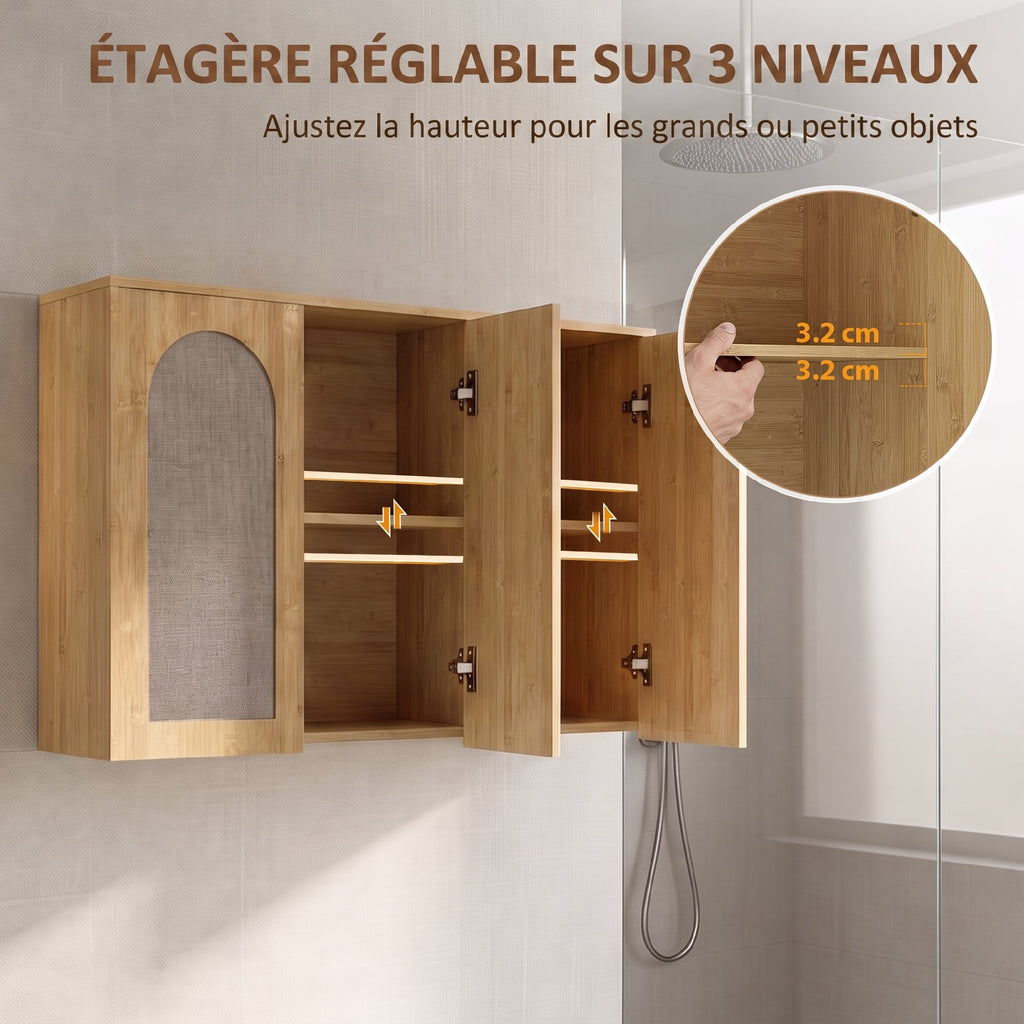 Armoire murale de salle de bain bohème avec 3 portes effet rotin à fermeture douce et étagère réglable, chêne-5