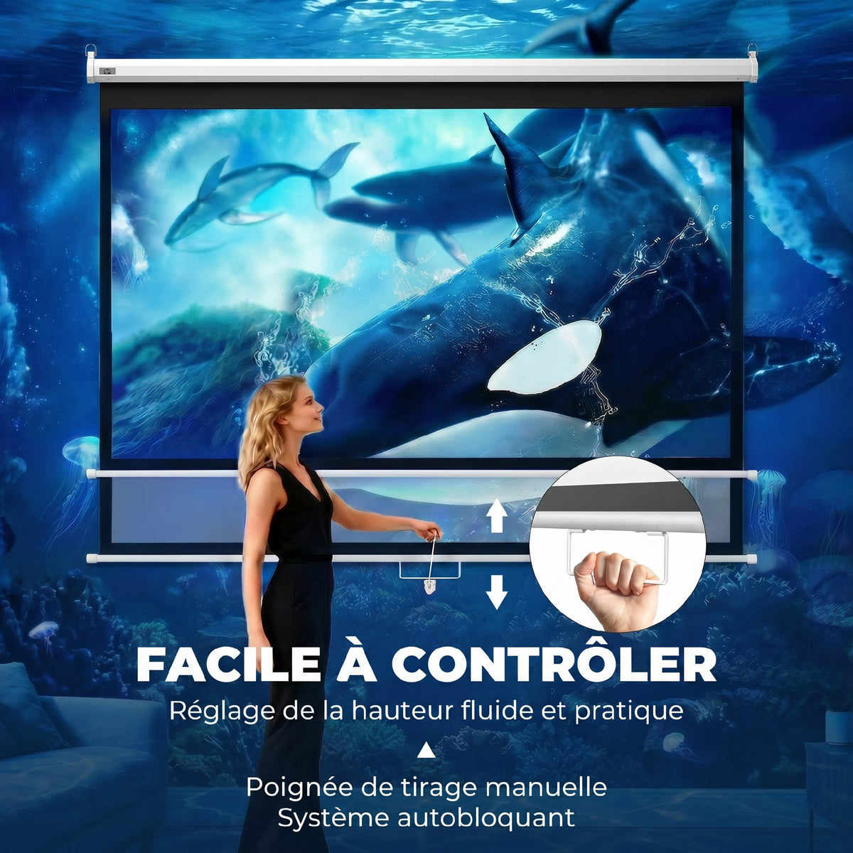 Écran de Projection 120" 4:3 HD 4K, Boîtier en Métal, Écran Hauteur Réglable Manuellement, 244x183cm, Blanc-5