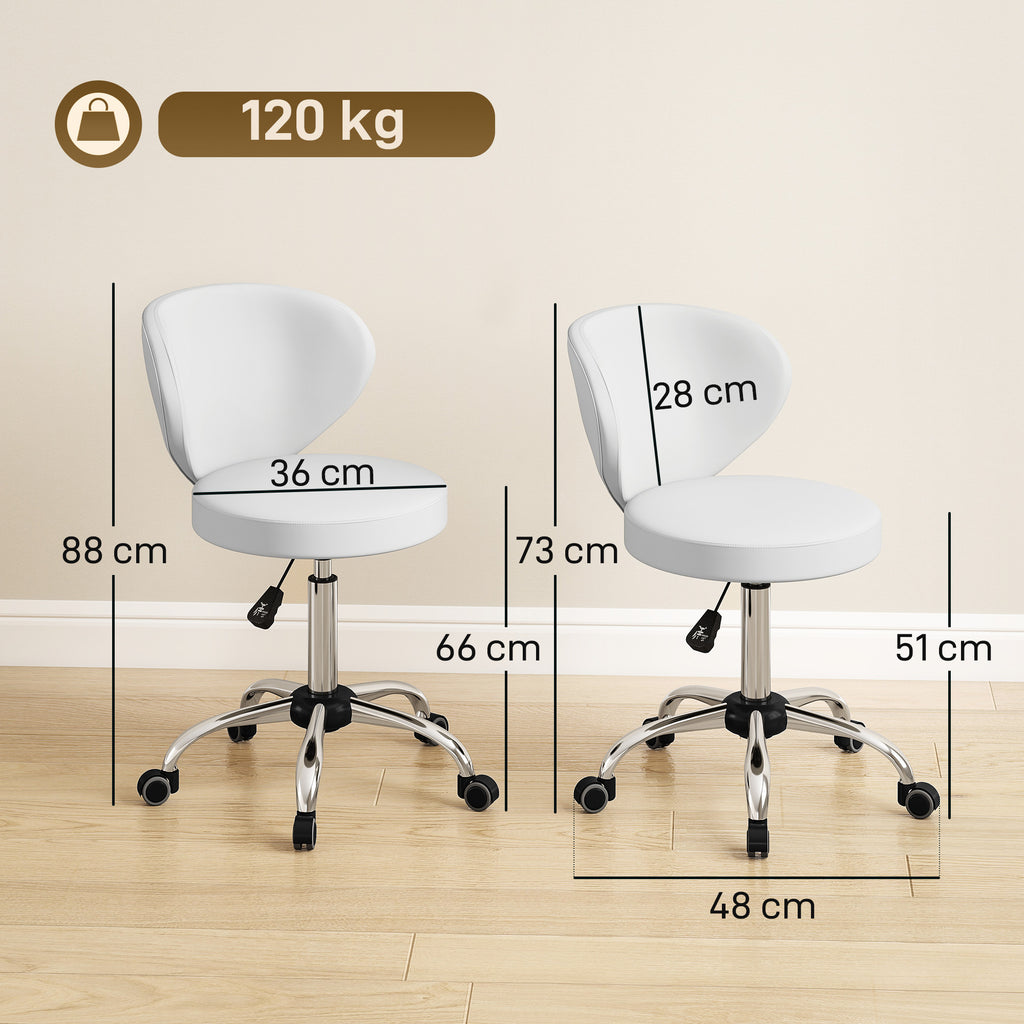 Tabouret à roulettes, tabouret de massage en PU avec hauteur réglable 73-88 cm et dossier, pivotant 360°, blanc-2