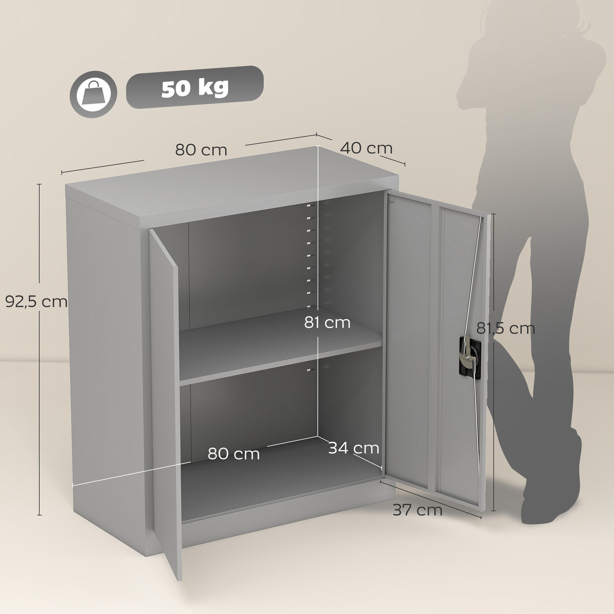 Armoire de Bureau Métallique, 80 x 40 x 92,5 cm, Meuble de Rangement en Acier avec Serrure, Étagère Réglable, Gris-2