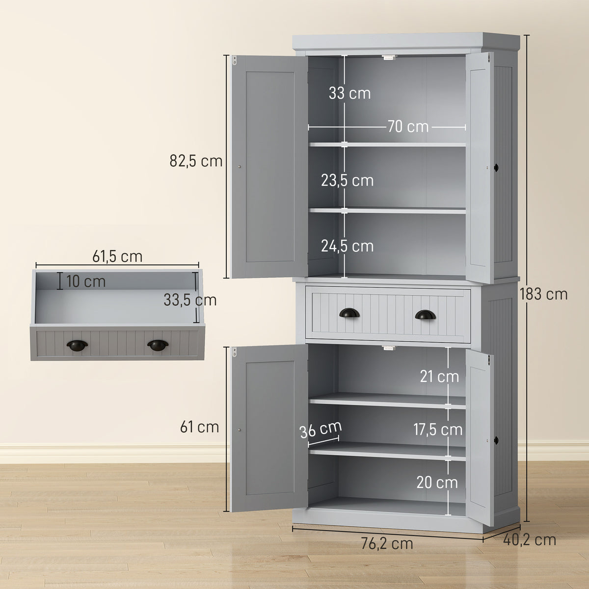 Armoire de cuisine buffet cuisine multi-rangements étagères réglables 4 portes grand tiroir 76,2 x 40,2 x 183 cm gris-2