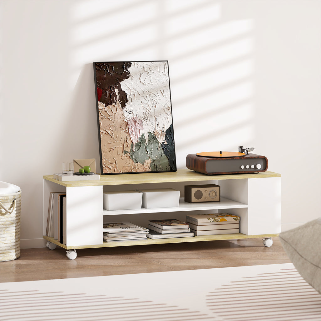 Meuble TV avec roulettes 120 cm, meuble télé pour téléviseur jusqu'à 55 pouces, 2 étagères ouvertes, blanc et naturel-8