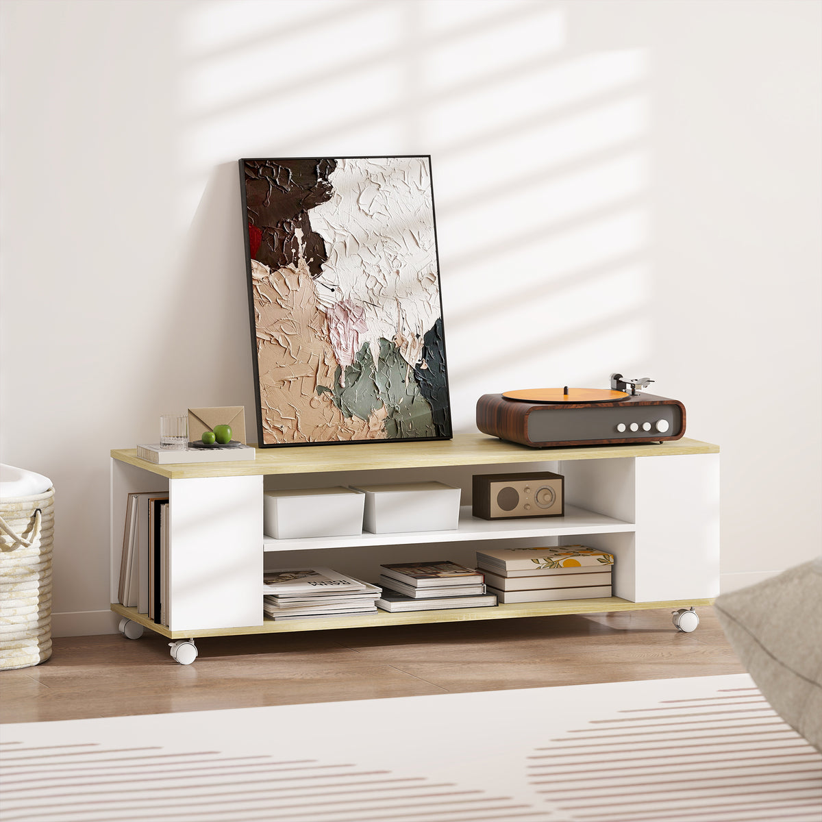 Meuble TV avec roulettes 120 cm, meuble télé pour téléviseur jusqu'à 55 pouces, 2 étagères ouvertes, blanc et naturel-8