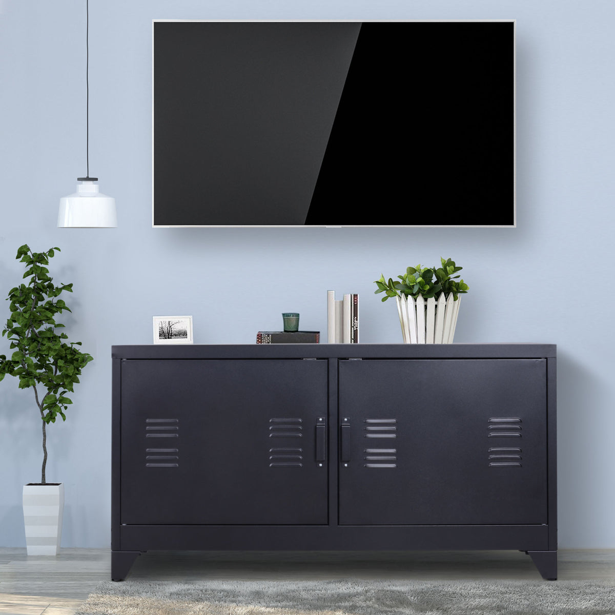 Meuble TV banc télévision design industriel 2 placards avec 2 étagères réglables passe-câbles structure acier noir-9