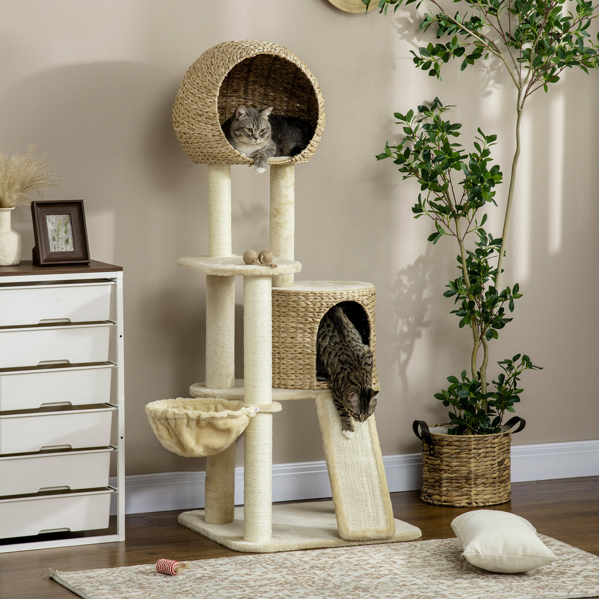 Arbre à chats griffoir sisal naturel 2 niches plateforme hamac peluche jacinthe d'eau - 60 x 60 x 150 cm beige-1