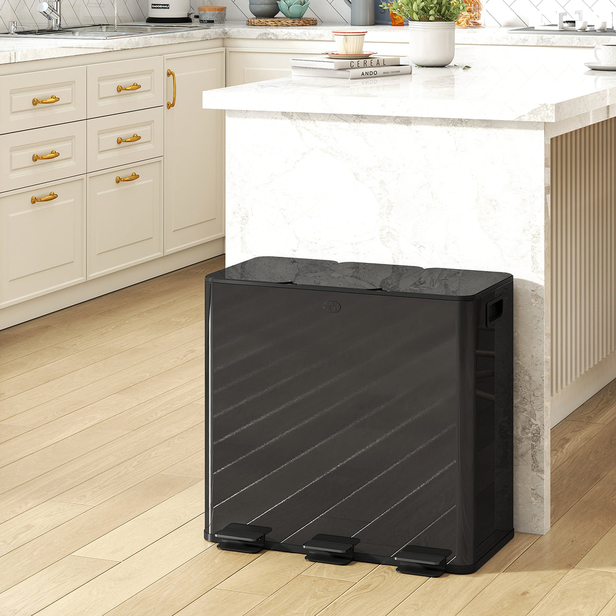 Poubelle de cuisine, poubelle tri sélectif, 3 compartiments de 20L, seaux intérieurs amovibles, 61,9x36,6x56,7cm, noir-1