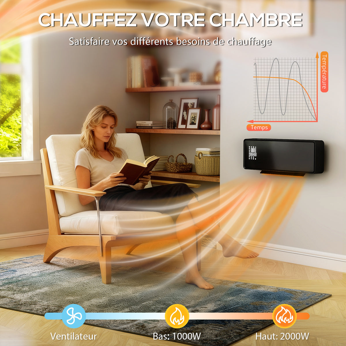 Chauffage mural en céramique 1000/2000W, radiateur électrique, ventilateur, thermostat, minuterie, 54x18,7x12,3cm, noir-4