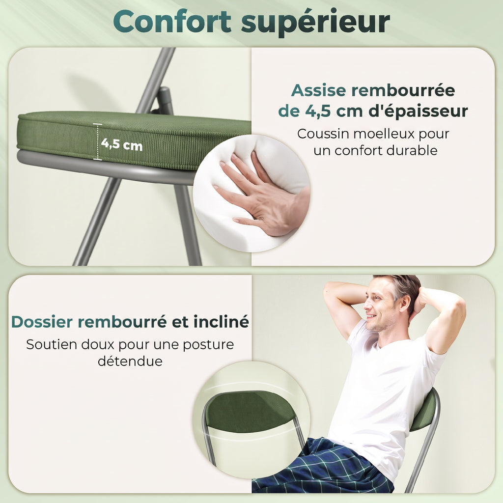Lot de 2 chaises pliantes chaises de salle à manger portables avec assises et dossiers rembourrés en velours côtelé vert-3