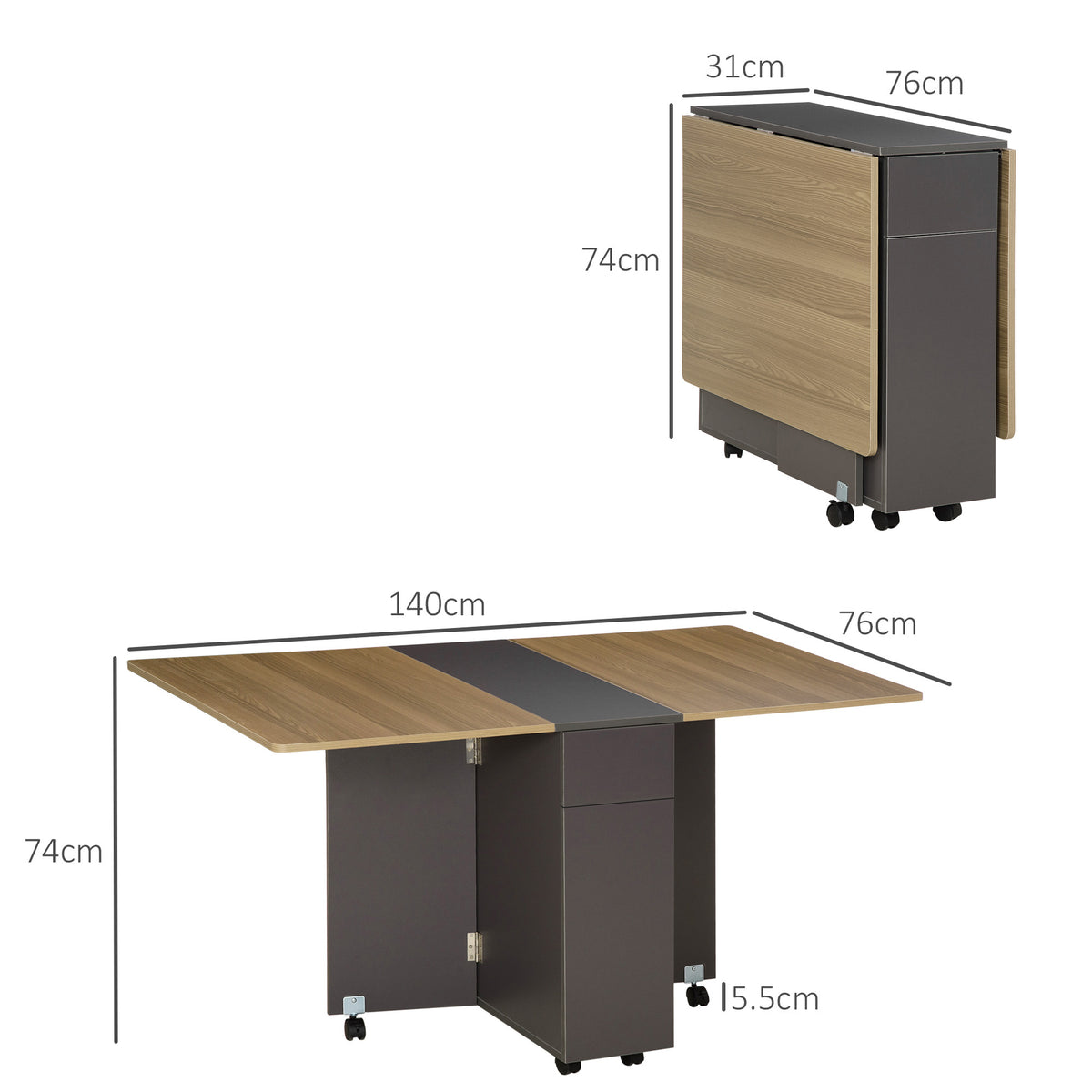Table de salle à manger pliante sur roulettes avec rangement 2 tiroirs et 1 placard 76 x 140 x 74 cm-2
