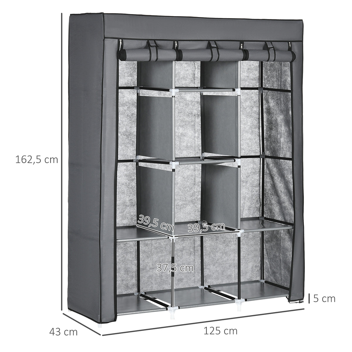 Armoire penderie multi-rangement - 8 étagères, 2 barres - non tissé gris-2