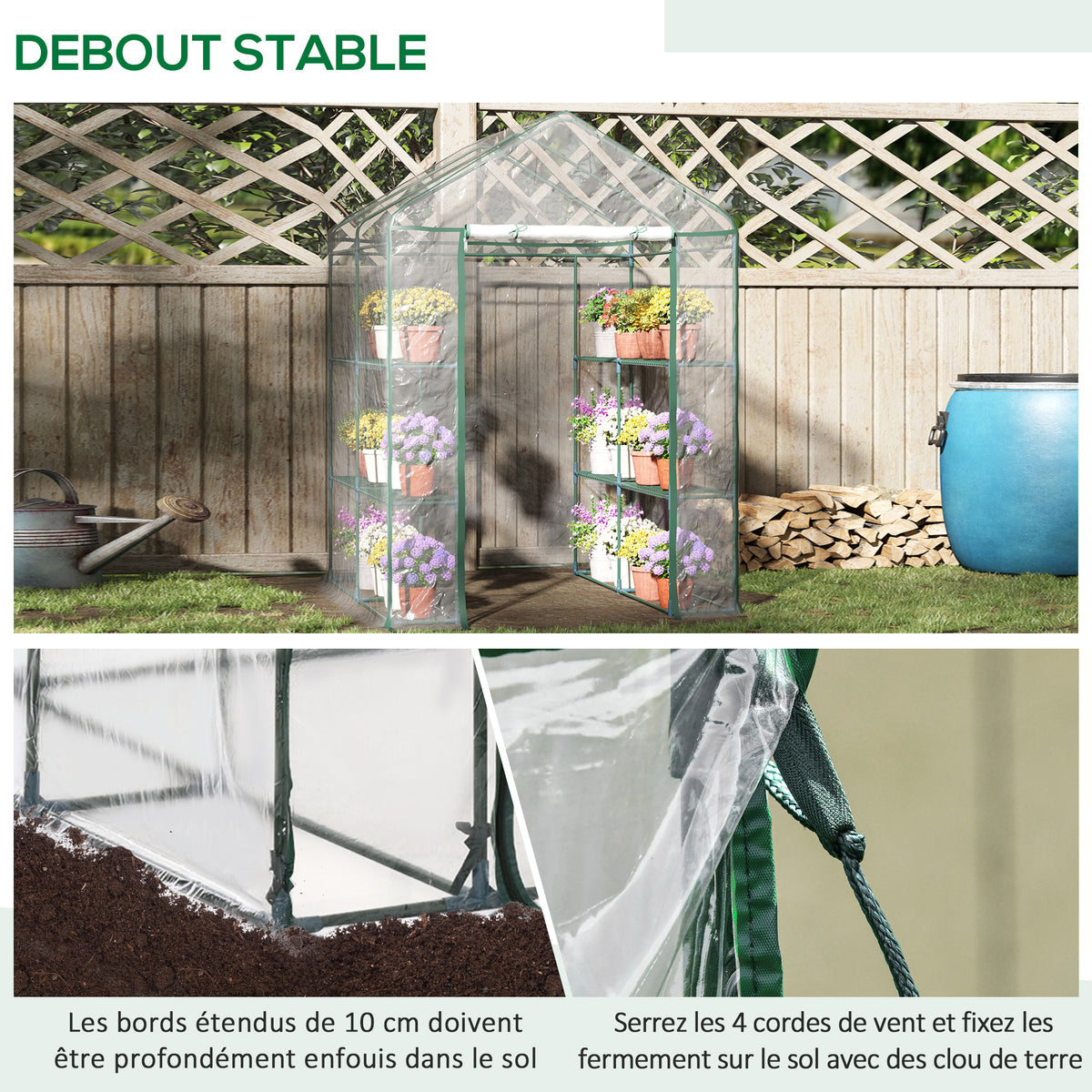 Serre de jardin avec étagères 3 niveaux, serre de balcon, châssis en acier, porte zippée enroulable, pour légumes plantes fleurs, intérieur et extérieur, 143x143x195cm, transparent-4