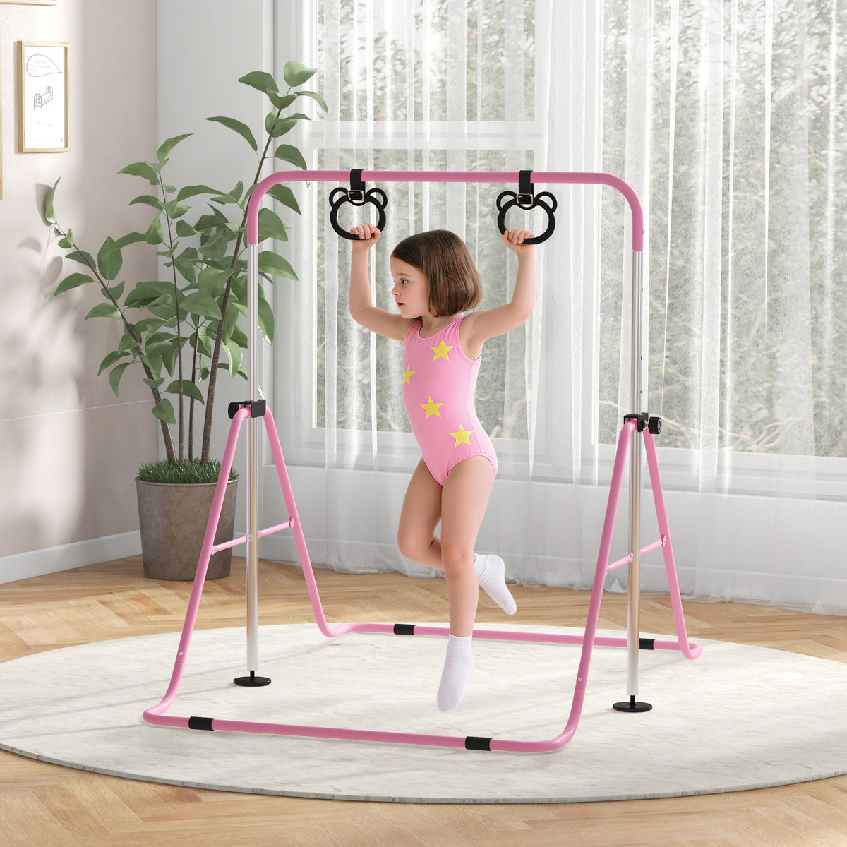 Barre de gymnastique pour enfants, barre horizontale pliable à hauteur réglable avec anneaux de gymnastique, rose-1