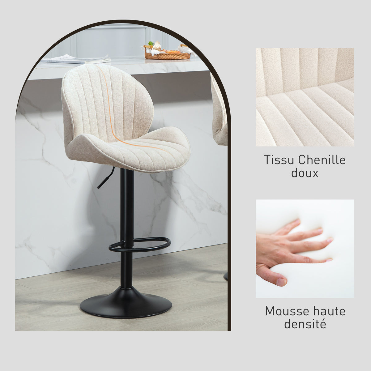 Lot de 2 tabourets de bar forme de coquillage, dossier, hauteur réglable et repose-pieds, cadre en acier, beige-6