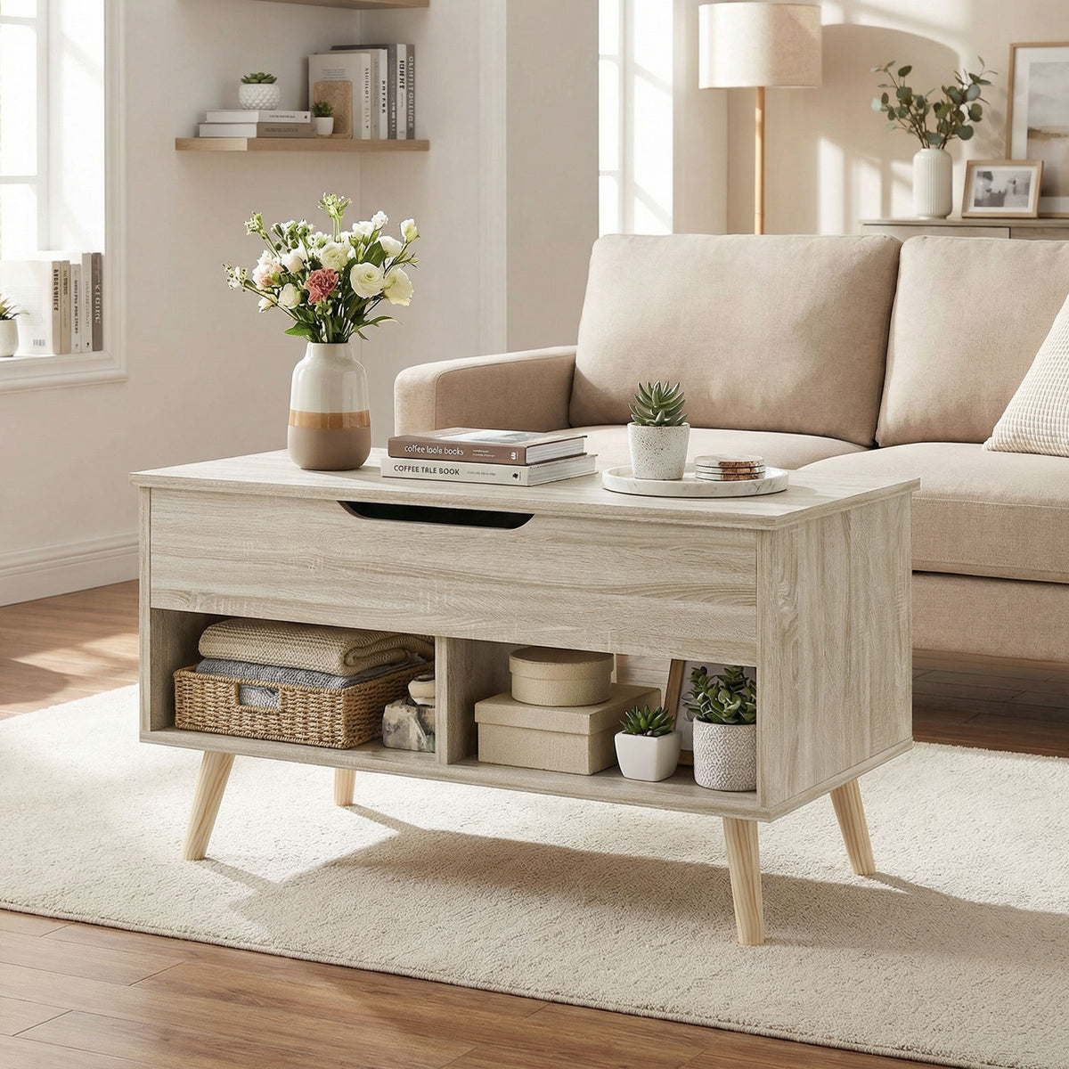 Table basse relevable, table de salon avec compartiment caché et étagères ouvertes, 75 x 40 x 58 cm, bois naturel-7