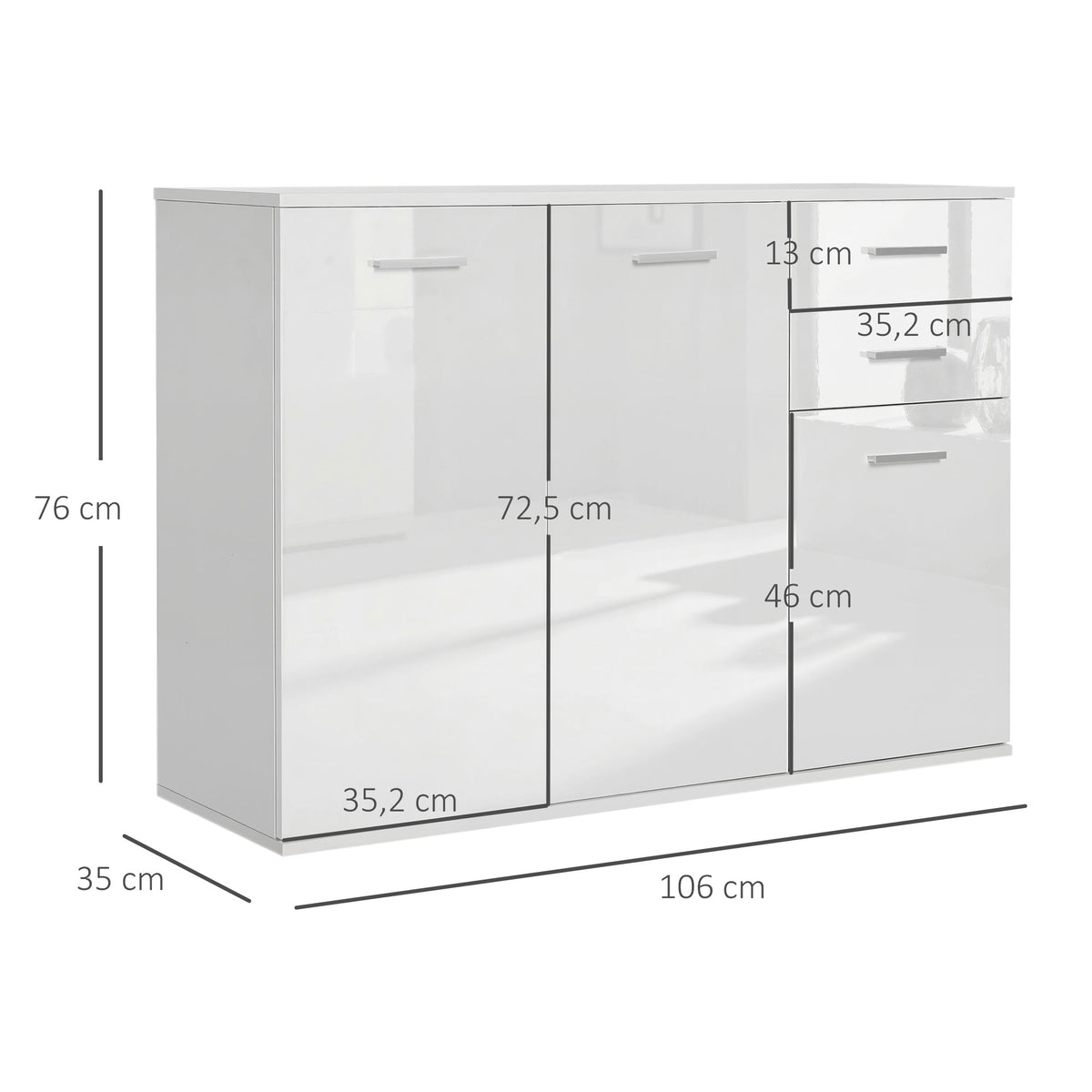 Buffet salon à haut brillance, meuble de rangement avec 2 tiroirs, 3 portes et étagère réglable, style contemporain, buffet salle à manger et cuisine, 106 x 35 x 76 cm, blanc-2