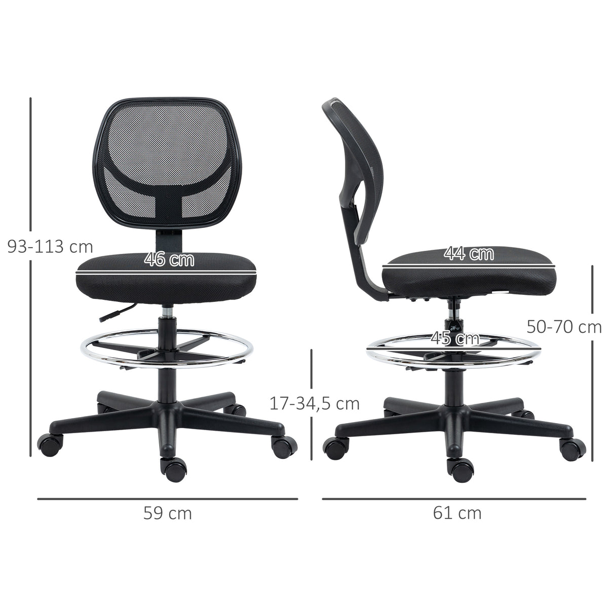 Chaise de bureau assise haute en maille hauteur réglable 50-70 cm avec repose-pied pivotant 360° noir-2