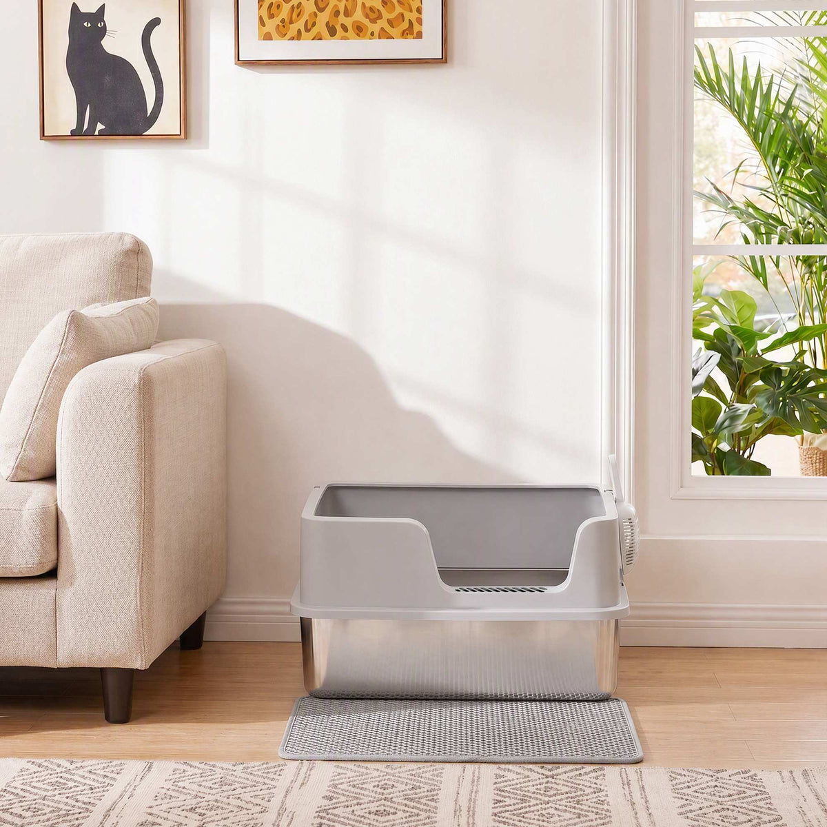 Bac Litière pour Chat en INOX Couvercle Bords Hauts Pelle et Tapis Anti-Adhérent Anti-Odeurs 60x40x30cm Gris Clair-9
