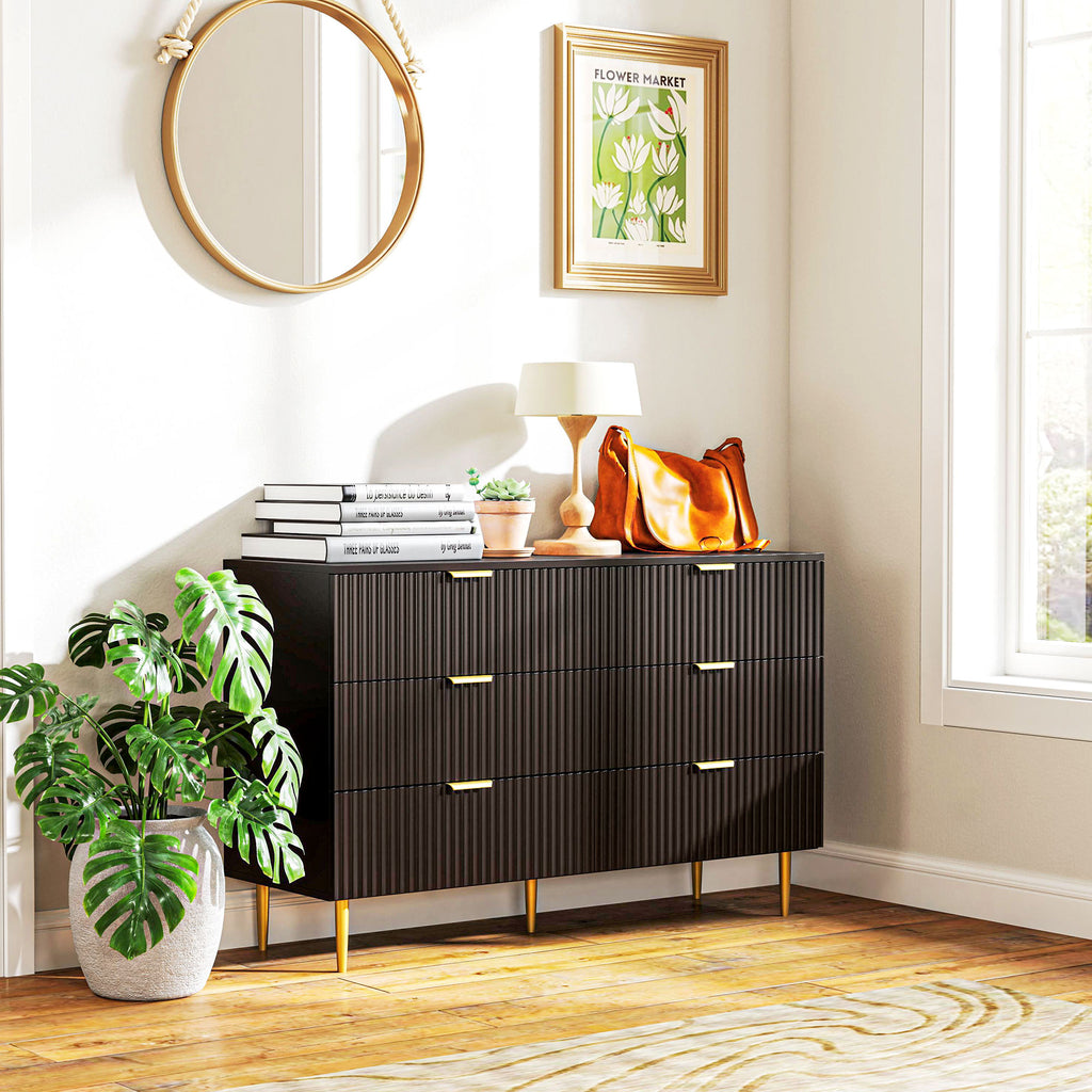 Commode 6 tiroirs commode chambre meuble de rangement moderne avec poignées et pieds dorés, 120 x 40 x 76,5 cm, noir-8