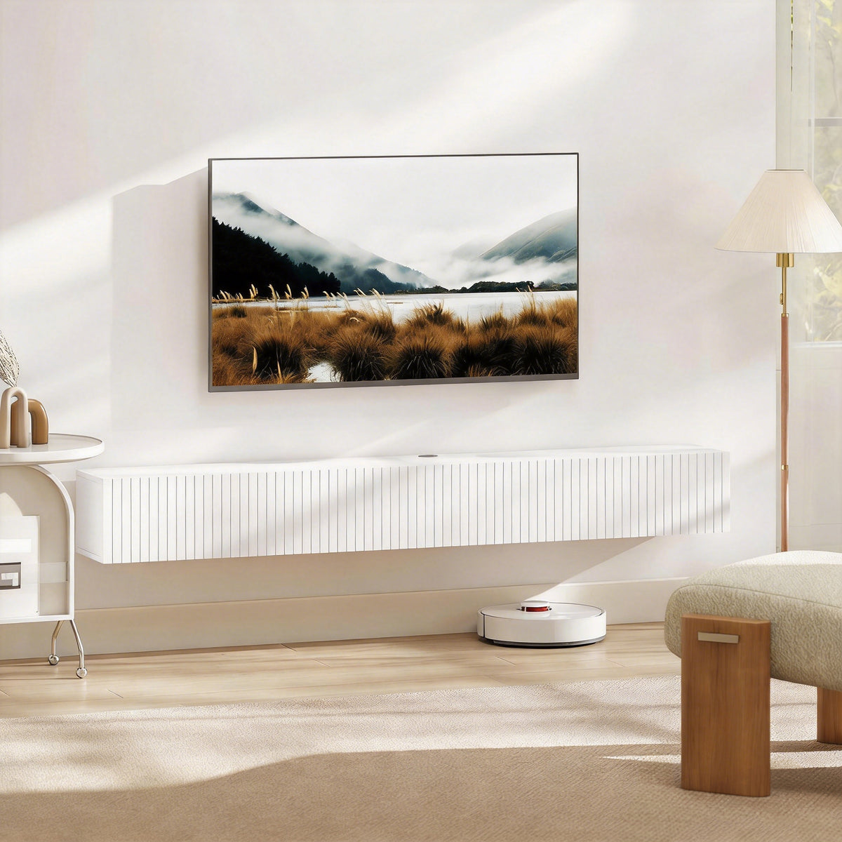 Meuble TV suspendu 180cm, meuble télé pour téléviseur 72 pouces, 2 portes rabattables, 180x25x22cm, blanc-1