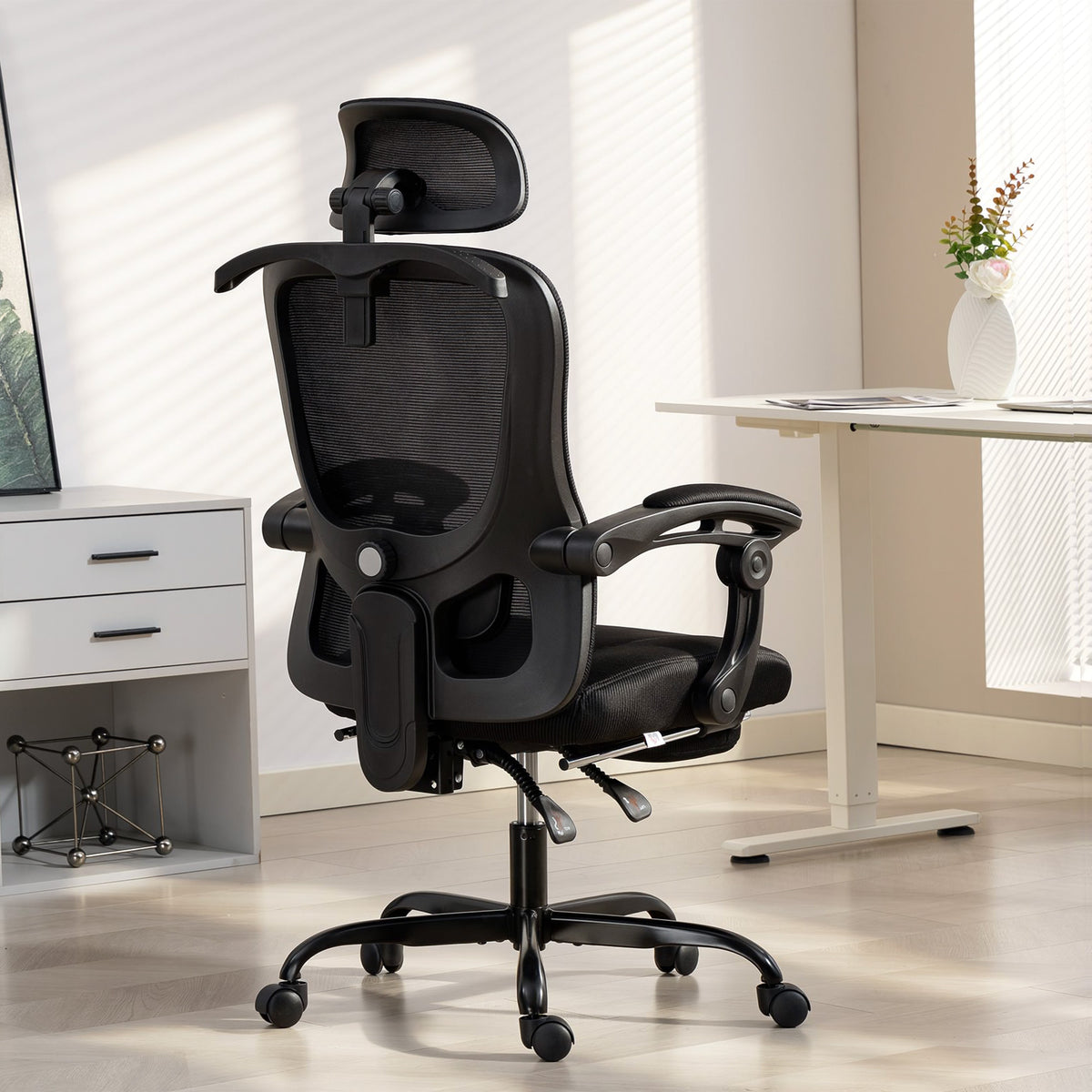 Chaise bureau ergonomique, fauteuil de bureau en maille avec appuie-tête réglable, support lombaire, 64x64x124cm, noir-9