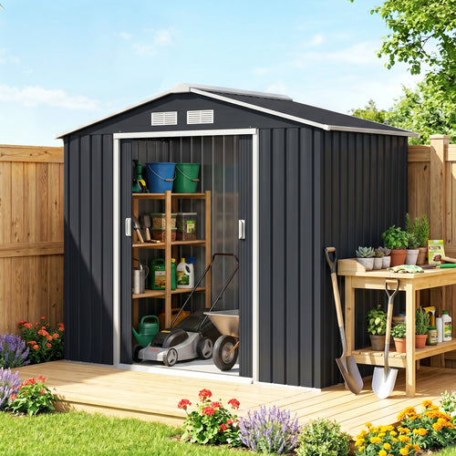 Abri de Jardin 2,42 m² - Remise pour Outils avec Fondation - cabanon Porte verrouillable - tôle d'acier Gris-1