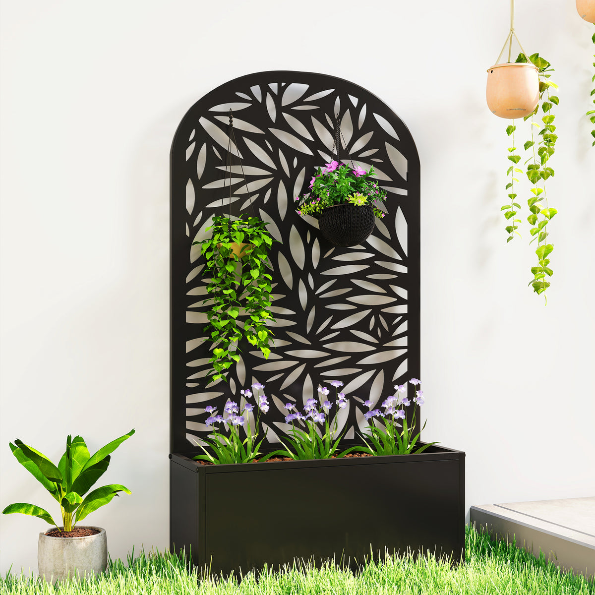 Jardinière avec treillis, bac à fleurs en métal, à fixer au mur ou au sol, 61x23x113cm, noir-1