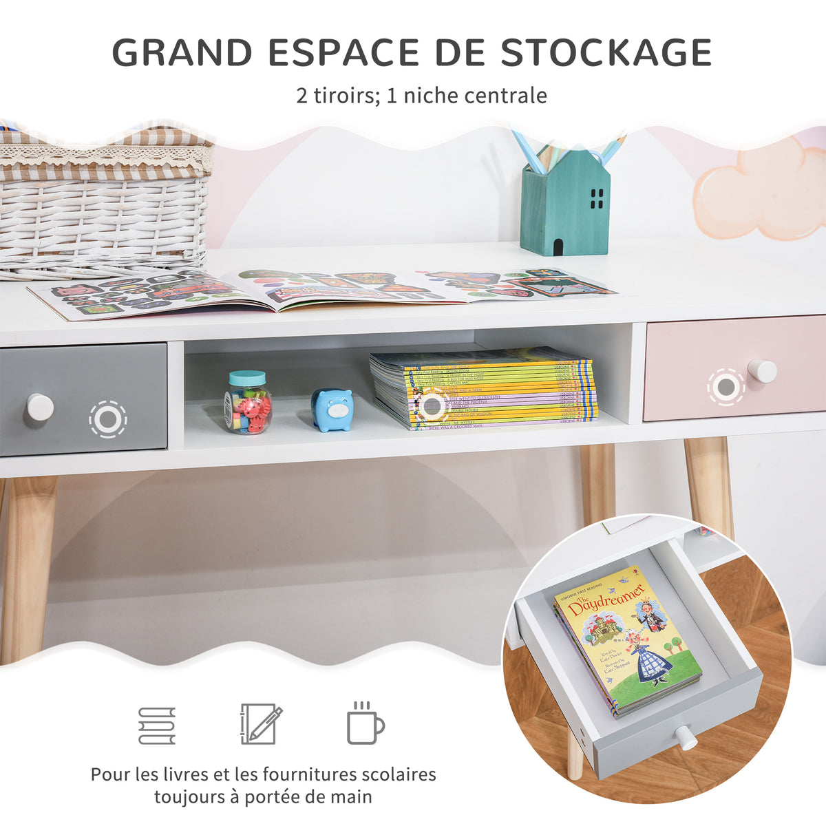 Bureau enfant style scandinave avec tiroir et compartiment de rangement 100L x 48l x 76,5H cm MDF et pin blanc gris et rose-3