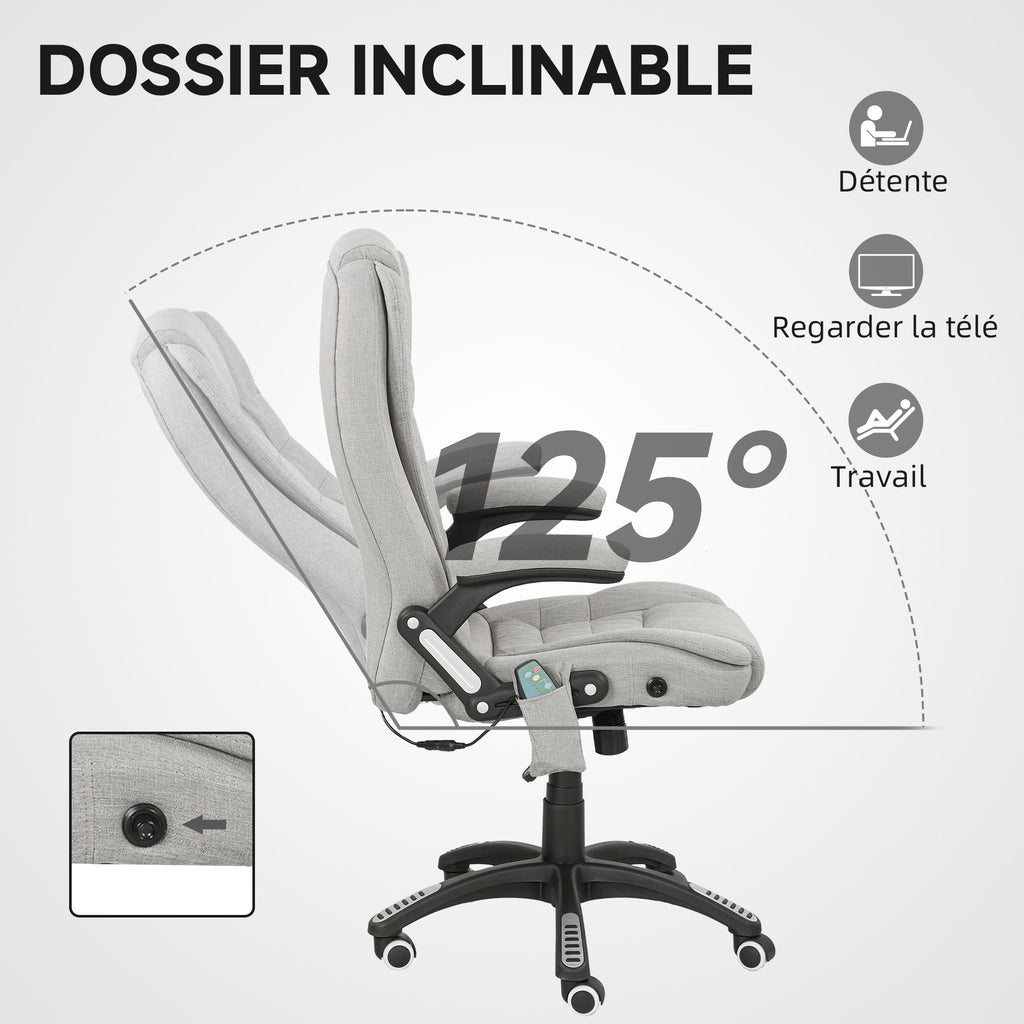 Fauteuil de bureau massant et chauffant chaise de bureau avec hauteur réglable dossier inclinable et télécommande gris-6