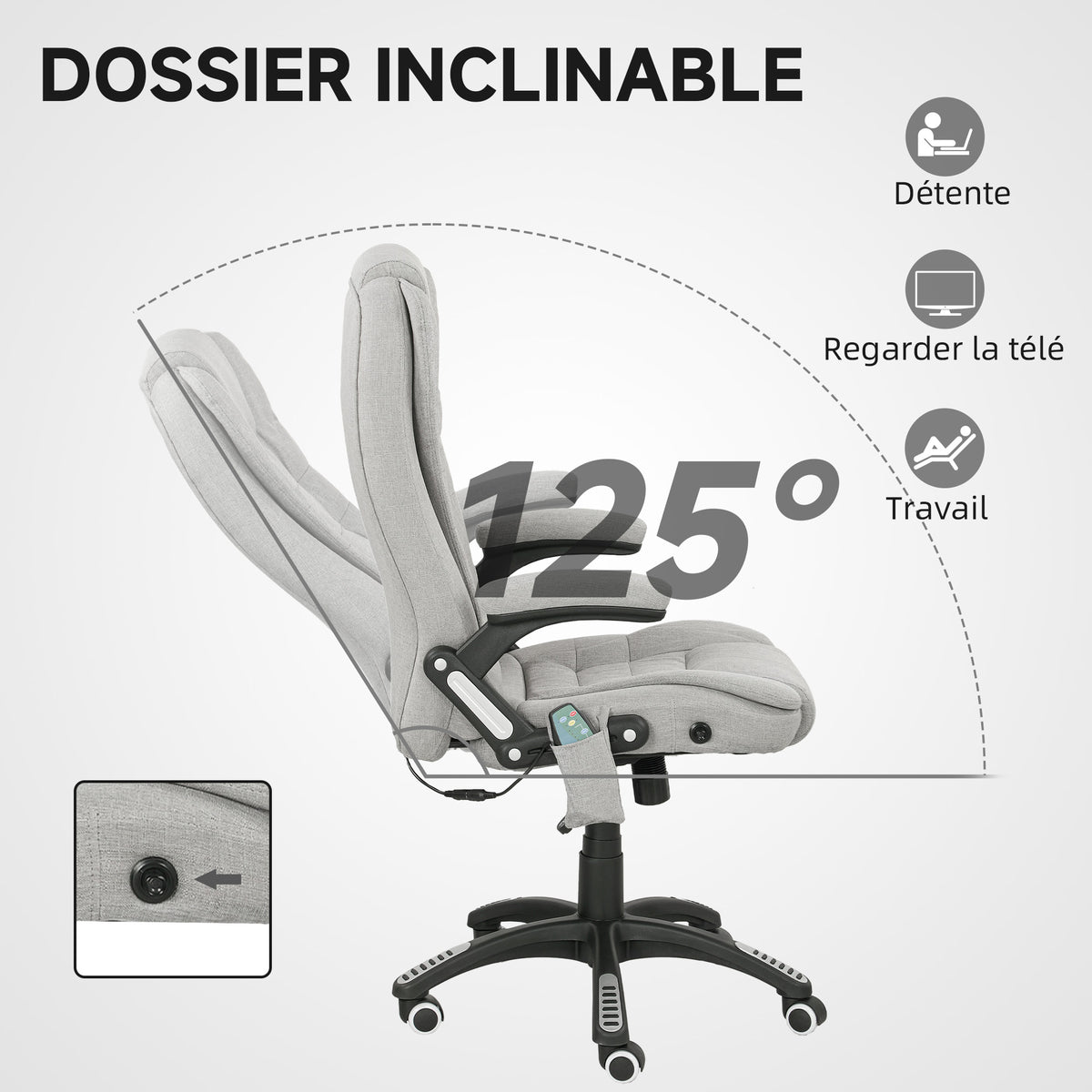 Fauteuil de bureau massant et chauffant chaise de bureau avec hauteur réglable dossier inclinable et télécommande gris-6