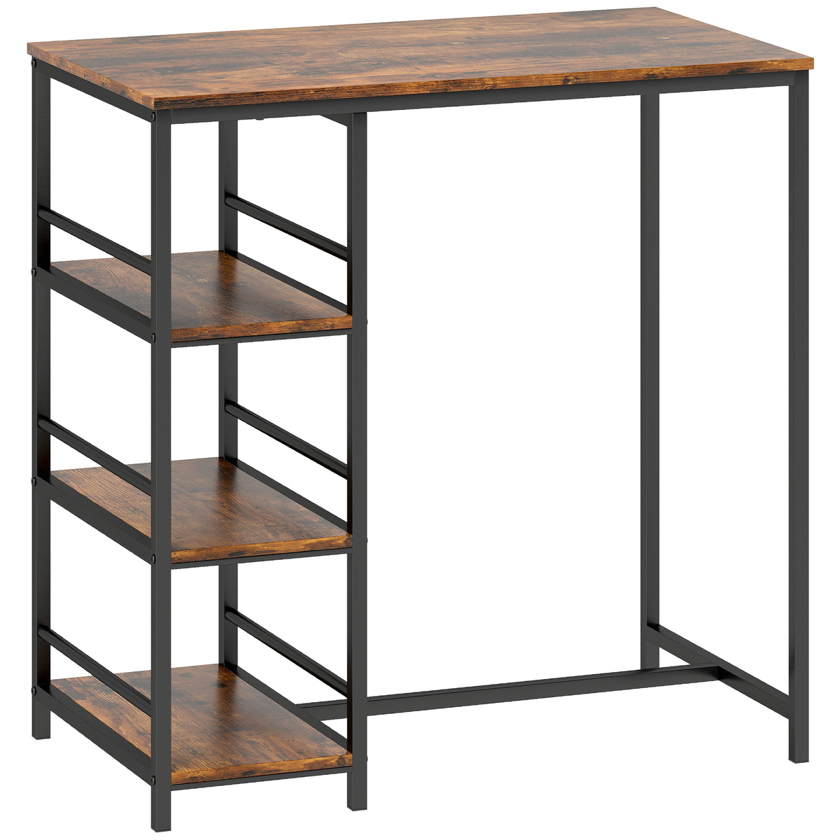 Table de bar mange-debout avec 3 étagères de rangement et cadre en acier, 90 x 50 x 90,5 cm, brun rustique, noir-0