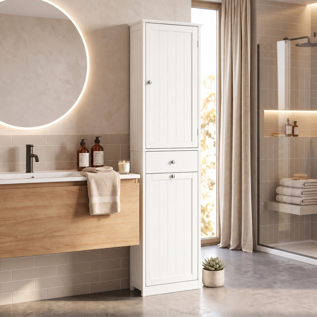 Meuble de Salle de Bain avec Tiroir, Panier à Linge, Étagère Réglable, Style Moderne, 45 x 30 x 180 cm, Blanc-1